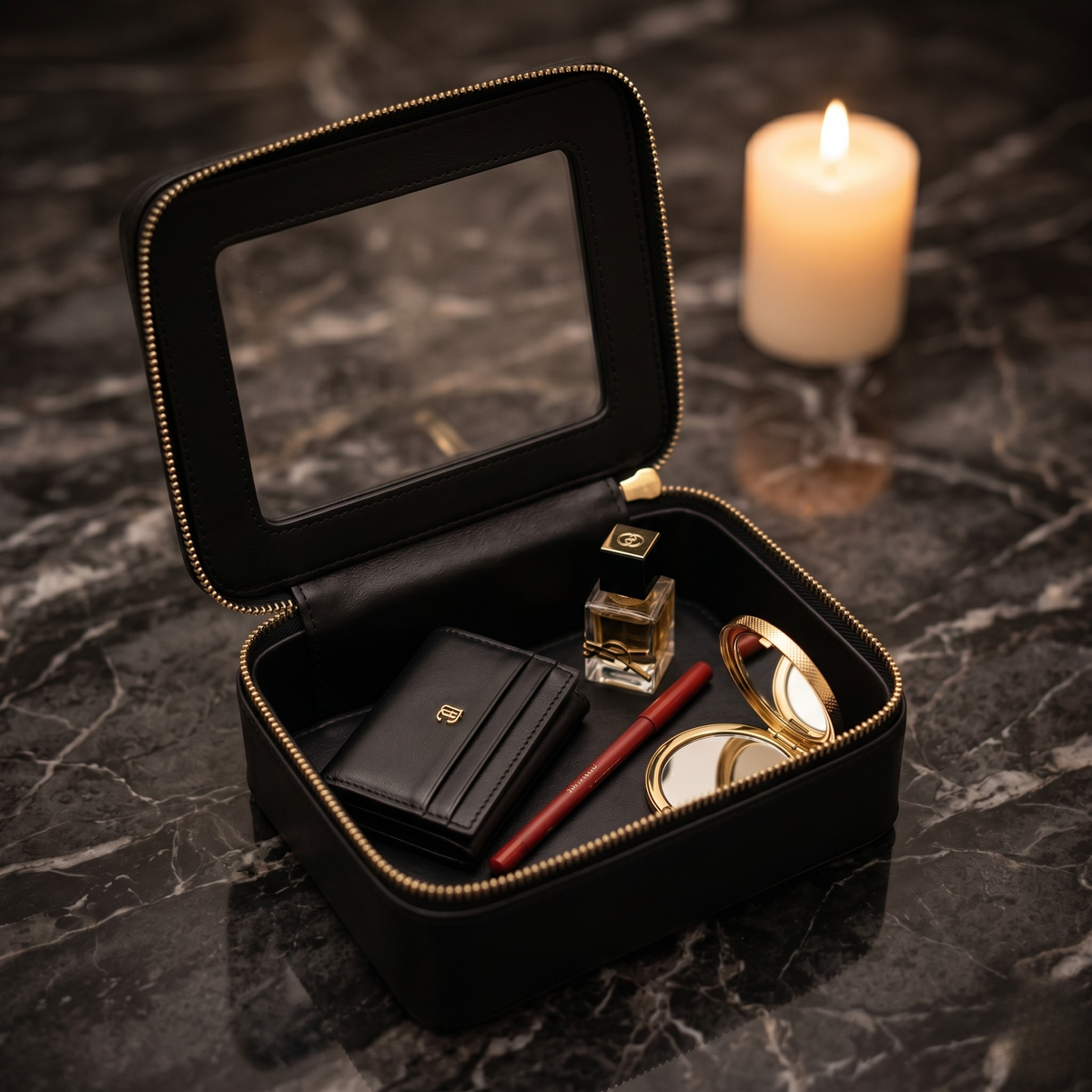 Single Zip Case in Black, open on dark marble