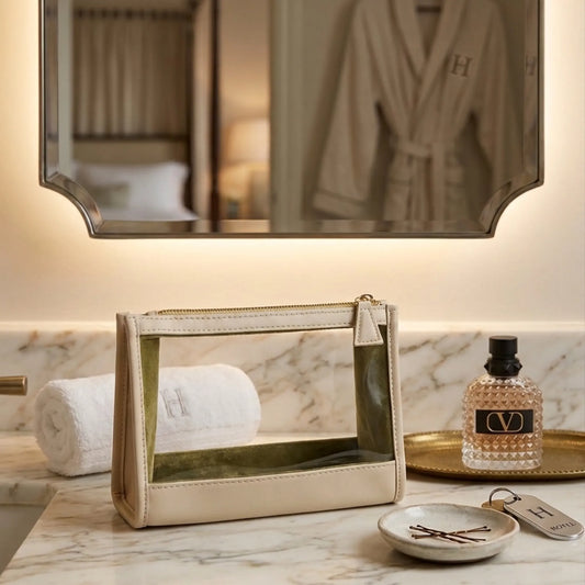 Velvet View Slim Case in Beige Sage on a bathroom counter