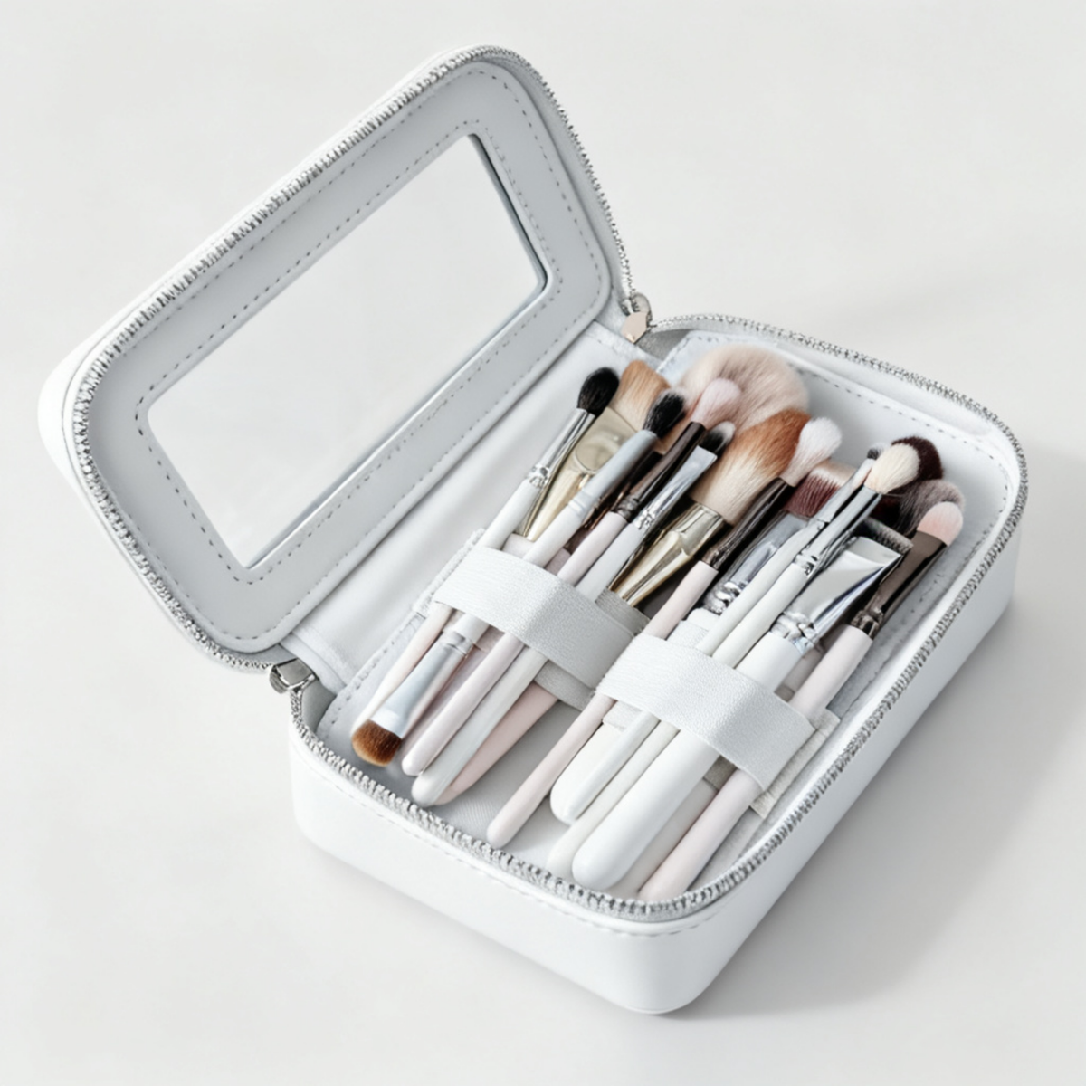 The Brush Bar Case in Ivory, open with brushes