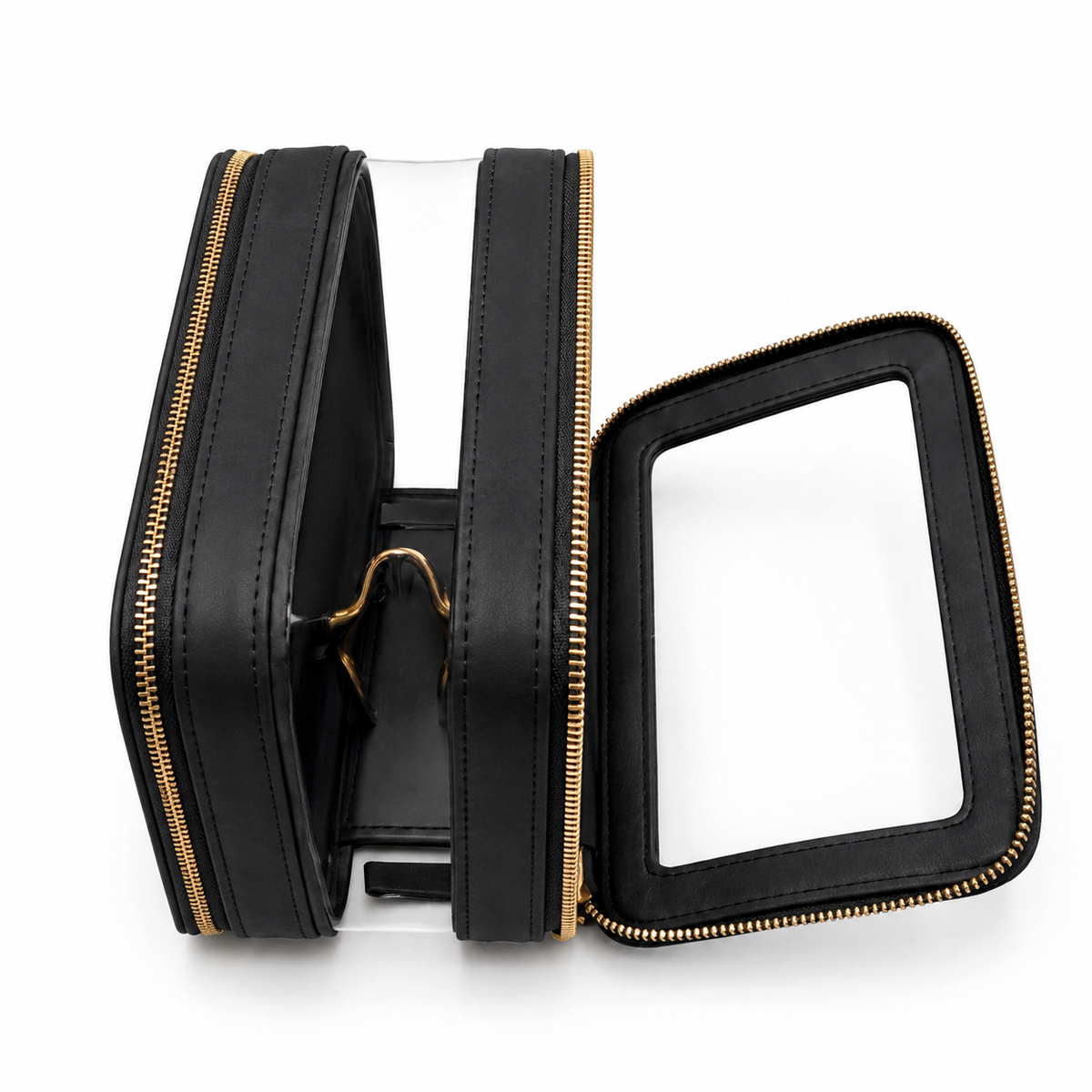 Double Zip Case in Black, both compartments open