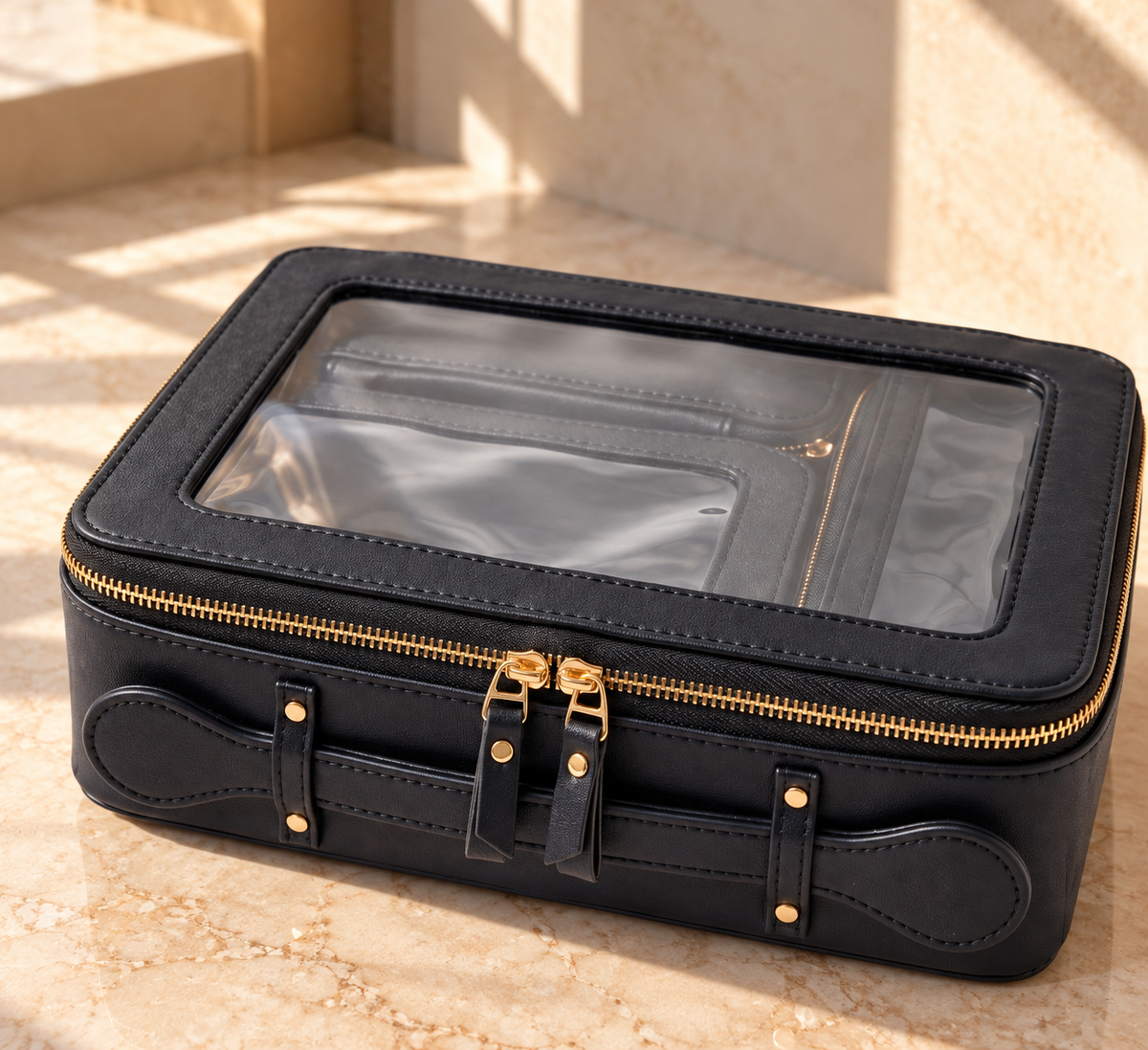 The 4-in-1 Case in Black, closed, with clear window lid and gold zips