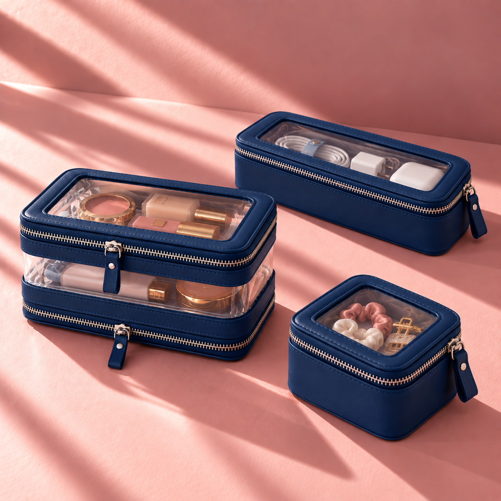 The Travel Trio in Midnight Blue: Double Zip Case with makeup, Slim Case with chargers and Petite Case with jewellery